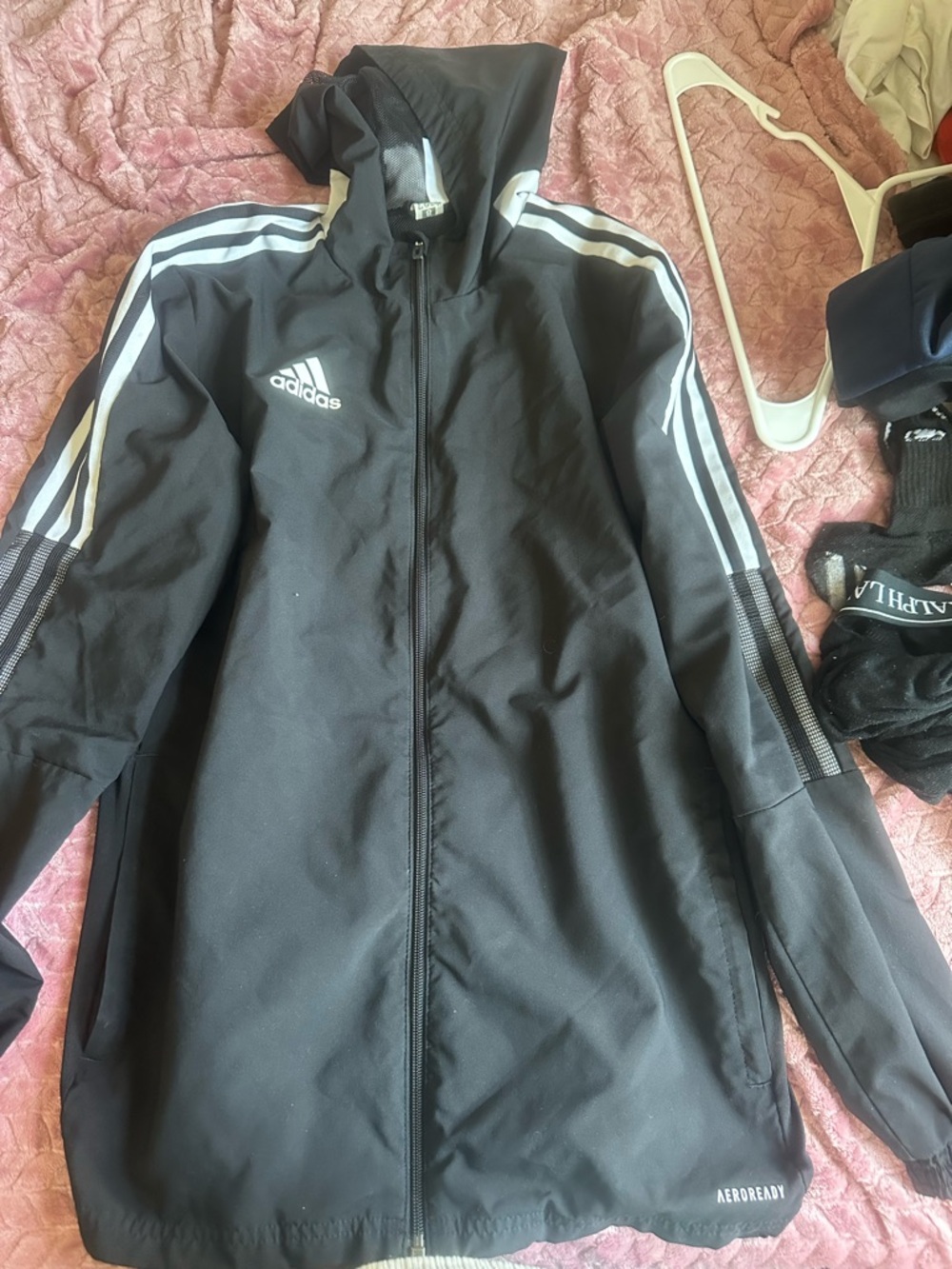 adidas Black Hooded Windbreaker with White 3-Stripes
